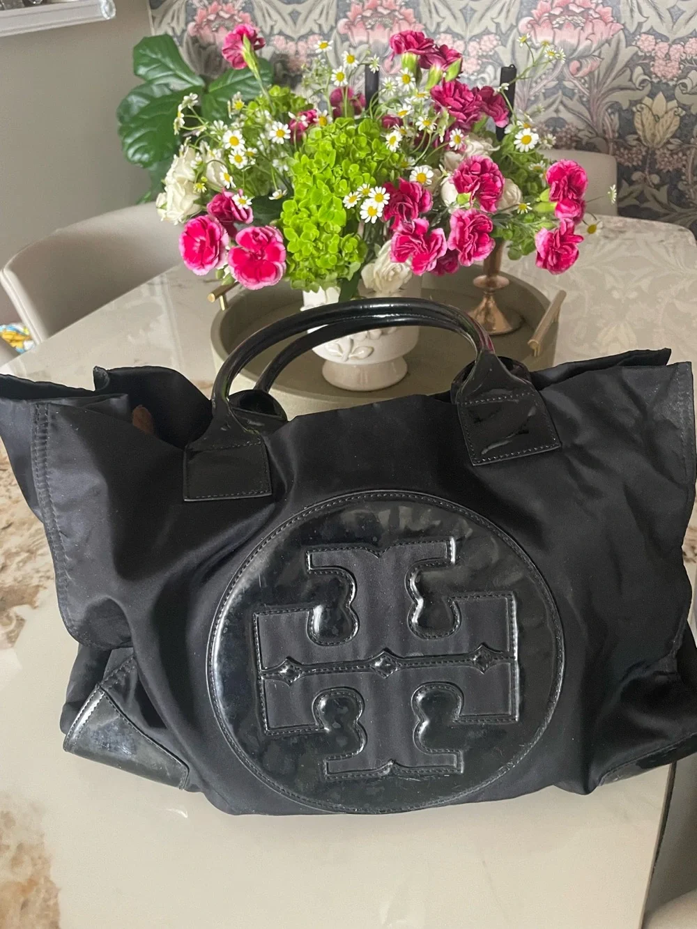 Tory Burch Black Nylon Tote with Gloss Logo